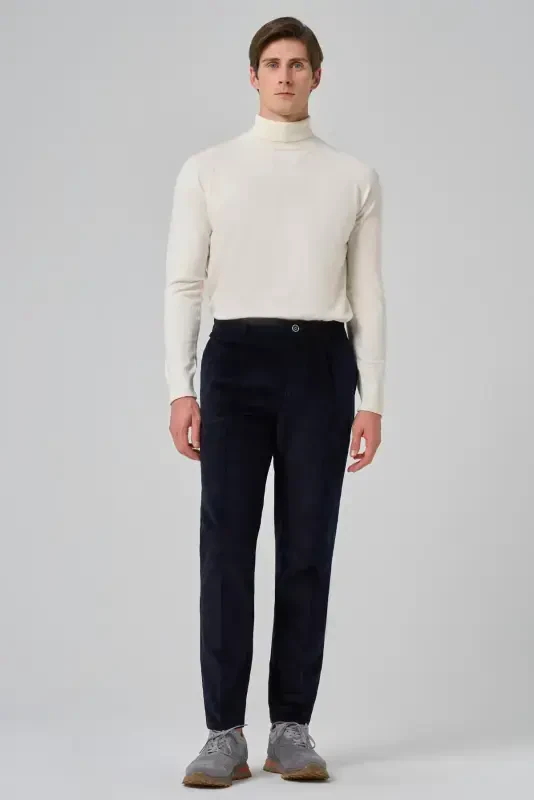 Modazone Men's Navy Blue Cotton Trend Ribbed Velvet Elastic Waistband Slim Fit Trousers - 2