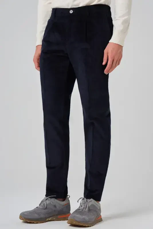 Modazone Men's Navy Blue Cotton Trend Ribbed Velvet Elastic Waistband Slim Fit Trousers - 3