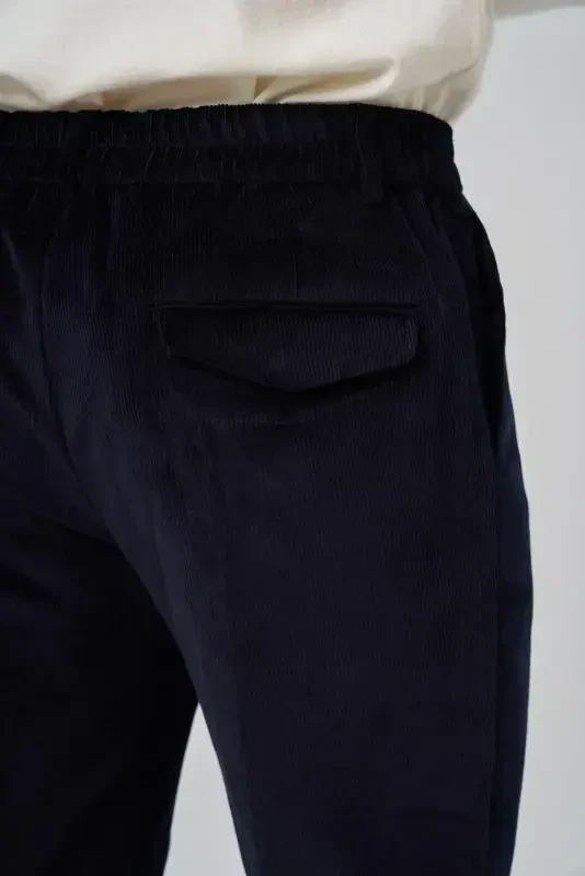 Modazone Men's Navy Blue Cotton Trend Ribbed Velvet Elastic Waistband Slim Fit Trousers - 5