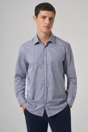 Modazone Men's Navy Blue Cotton Trend Striped Regular Fit Stiff Collar Shirt - 1