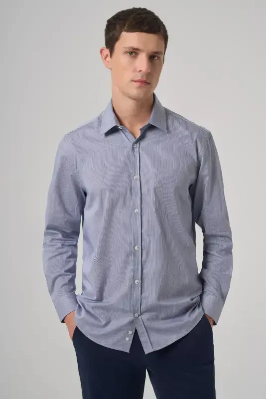 Modazone Men's Navy Blue Cotton Trend Striped Regular Fit Stiff Collar Shirt - 1