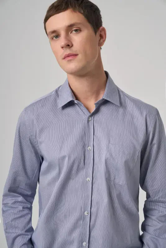 Modazone Men's Navy Blue Cotton Trend Striped Regular Fit Stiff Collar Shirt - 2