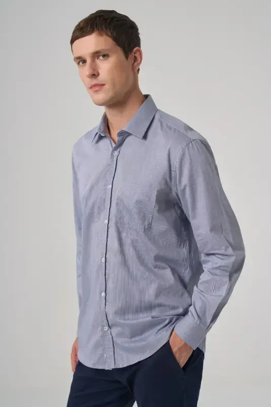 Modazone Men's Navy Blue Cotton Trend Striped Regular Fit Stiff Collar Shirt - 3