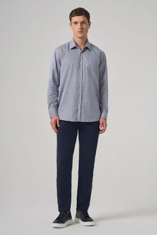 Modazone Men's Navy Blue Cotton Trend Striped Regular Fit Stiff Collar Shirt - 4