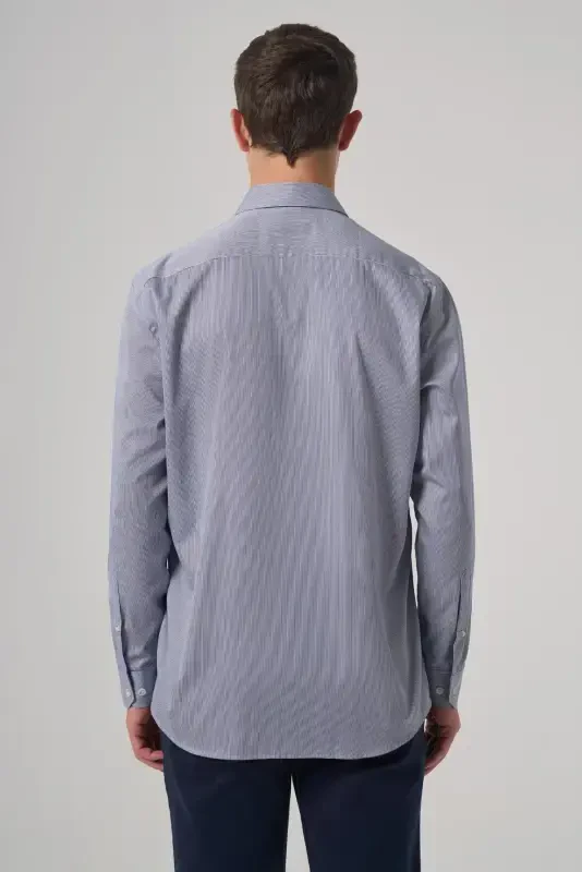 Modazone Men's Navy Blue Cotton Trend Striped Regular Fit Stiff Collar Shirt - 5