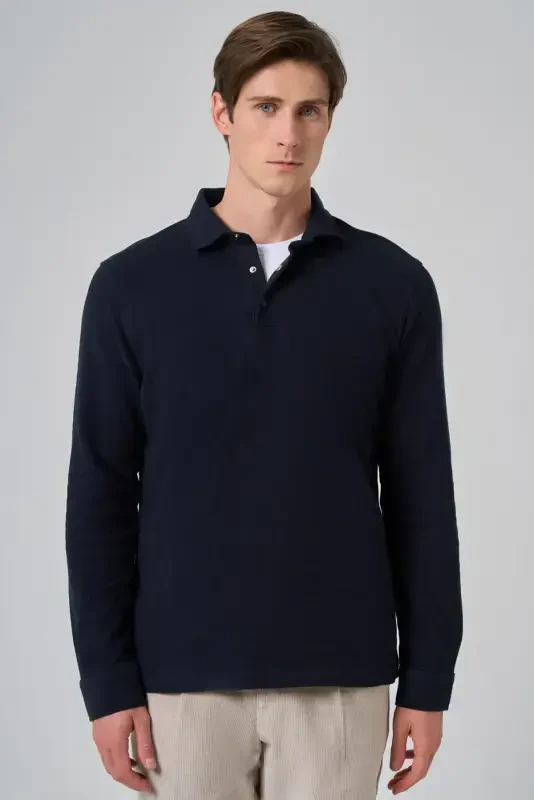 Modazone Men's Navy Blue Cotton Trend Tree Bark Pattern Dynamic Fit Polo Collar Sweatshirt - 1