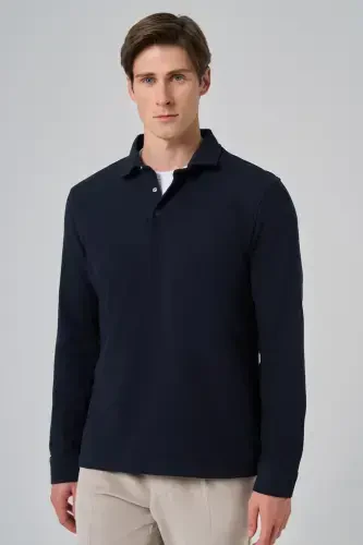 Modazone Men's Navy Blue Cotton Trend Tree Bark Pattern Dynamic Fit Polo Collar Sweatshirt - 3