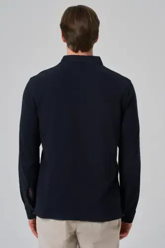 Modazone Men's Navy Blue Cotton Trend Tree Bark Pattern Dynamic Fit Polo Collar Sweatshirt - 5