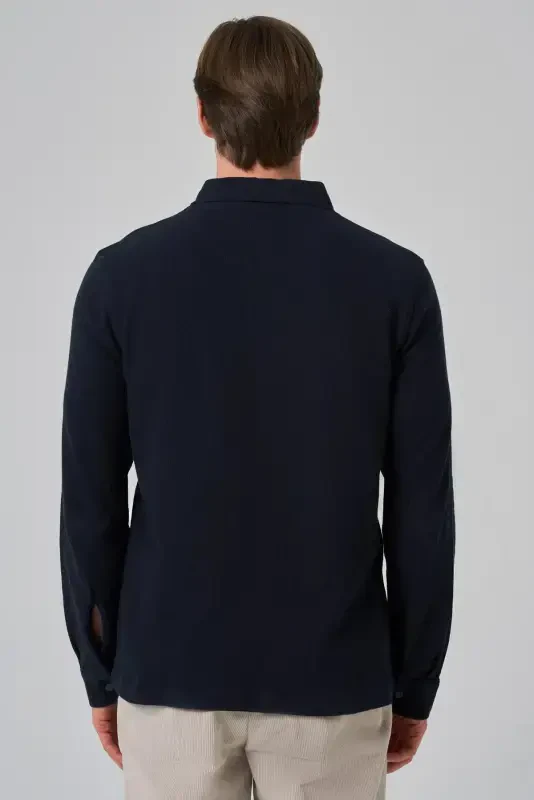 Modazone Men's Navy Blue Cotton Trend Tree Bark Pattern Dynamic Fit Polo Collar Sweatshirt - 5