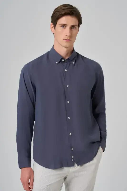 Modazone Men's Navy Blue Dynamic Fit Button-Down Collar Modal Shirt - 2