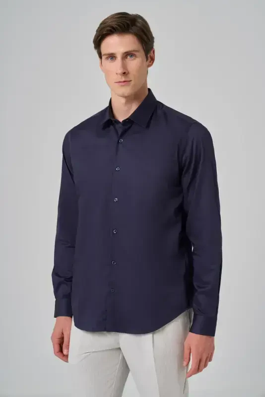 Modazone Men's Navy Blue Dynamic Fit Hard Collar Shirt - 1