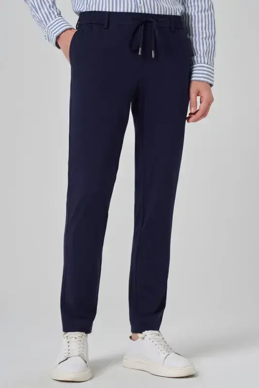 Modazone Men's Navy Blue Knitted Trend Drawstring Slim Fit Jogger Pants - MORVEN