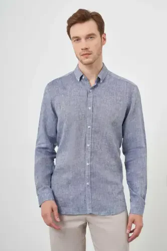 Modazone Men's Navy Blue Linen Button-Down Collar Regular Fit Shirt 