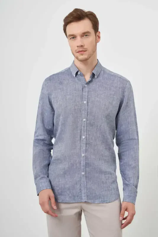 Modazone Men's Navy Blue Linen Button-Down Collar Regular Fit Shirt - 1