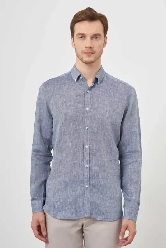 Modazone Men's Navy Blue Linen Button-Down Collar Regular Fit Shirt - 2