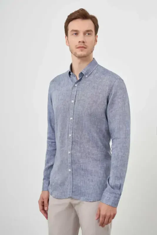 Modazone Men's Navy Blue Linen Button-Down Collar Regular Fit Shirt - 3