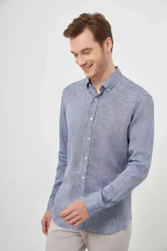 Modazone Men's Navy Blue Linen Button-Down Collar Regular Fit Shirt - 4