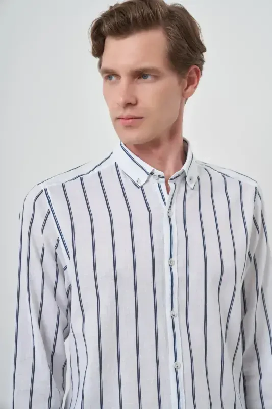 Modazone Men's Navy Blue Linen Dynamic Fit Button-Down Collar Shirt - 2