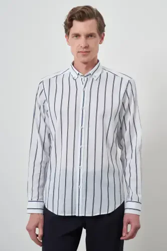 Modazone Men's Navy Blue Linen Dynamic Fit Button-Down Collar Shirt - 3