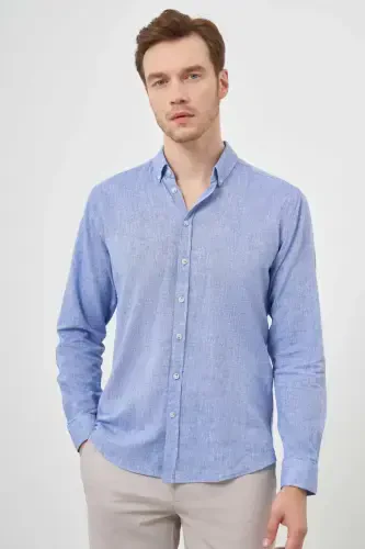 Modazone Men's Navy Blue Linen Plain Pattern Buttoned Collar Slim Fit Shirt - 1