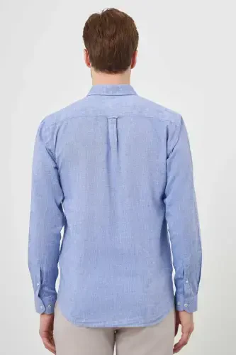 Modazone Men's Navy Blue Linen Plain Pattern Buttoned Collar Slim Fit Shirt - 5