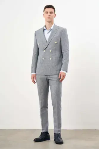 Modazone Men's Navy Blue Linen Trend Double Breasted Slim Fit Peak Lapel Suit - 4