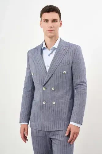 Modazone Men's Navy Blue Linen Trend Double Breasted Slim Fit Pointed Collar Suit 