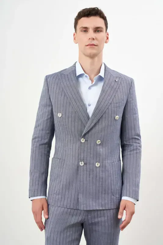 Modazone Men's Navy Blue Linen Trend Double Breasted Slim Fit Pointed Collar Suit - 2