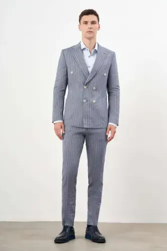 Modazone Men's Navy Blue Linen Trend Double Breasted Slim Fit Pointed Collar Suit - 5