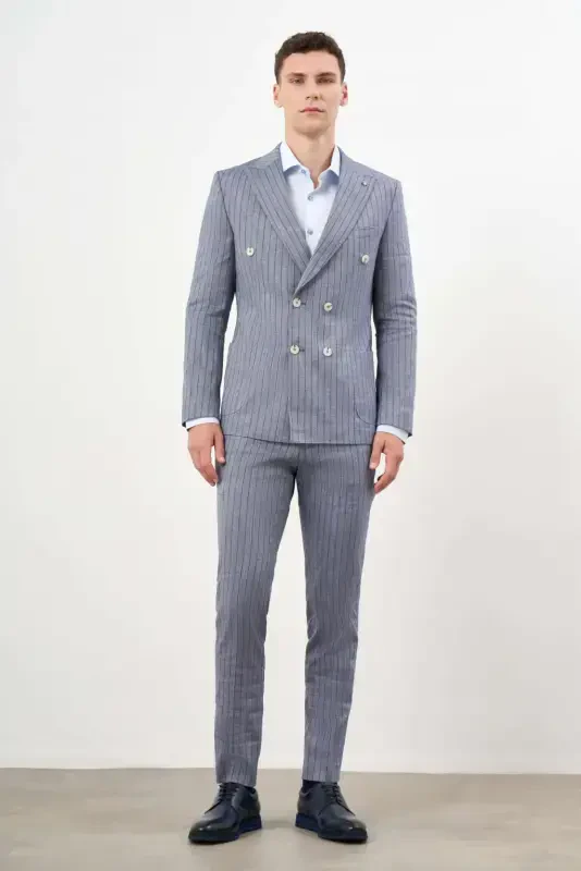 Modazone Men's Navy Blue Linen Trend Double Breasted Slim Fit Pointed Collar Suit - 5