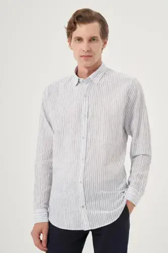 Modazone Men's Navy Blue Linen Trend Dynamic Fit Britli Collar Shirt 