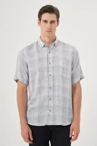 Modazone Men's Navy Blue Linen Trend Regular Fit Button-Down Collar Short Sleeve Shirt 