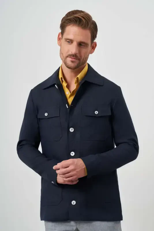 Modazone Men's Navy Blue Linen Worker Shirt Jacket - 1