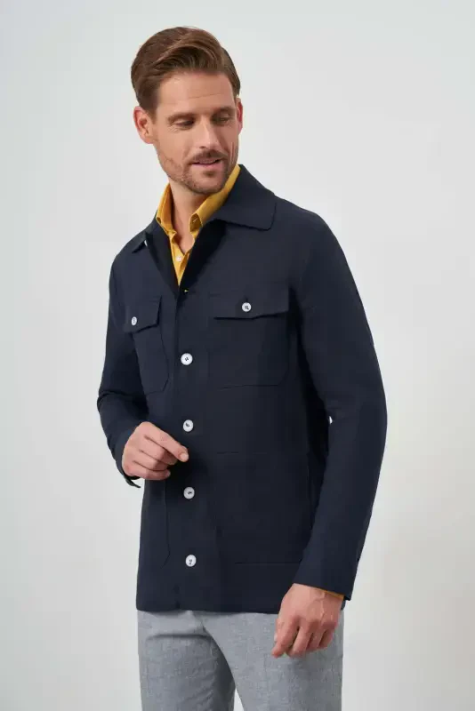 Modazone Men's Navy Blue Linen Worker Shirt Jacket - 2
