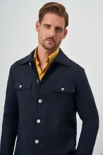 Modazone Men's Navy Blue Linen Worker Shirt Jacket - 3