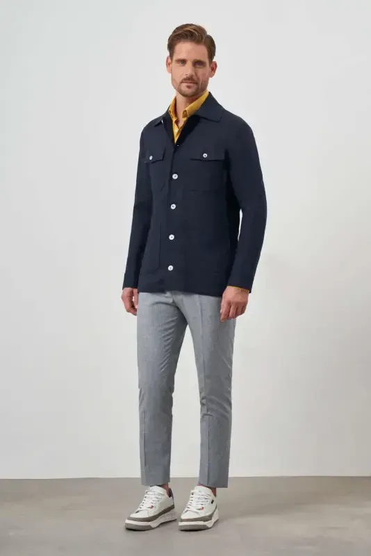 Modazone Men's Navy Blue Linen Worker Shirt Jacket - 4