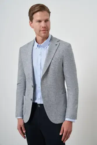 Modazone Men's Navy Blue Linen Woven Slim Fit Mono Collar Jacket - 1