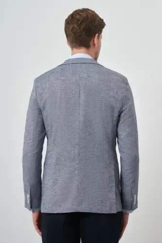 Modazone Men's Navy Blue Linen Woven Slim Fit Mono Collar Jacket - 4