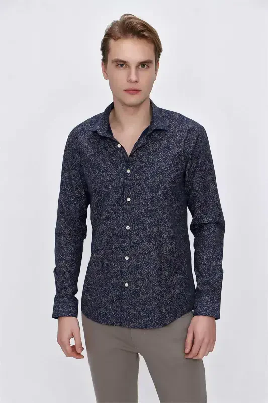 Modazone Men's Navy Blue Microcotton Printed Slim Fit Shirt - MORVEN