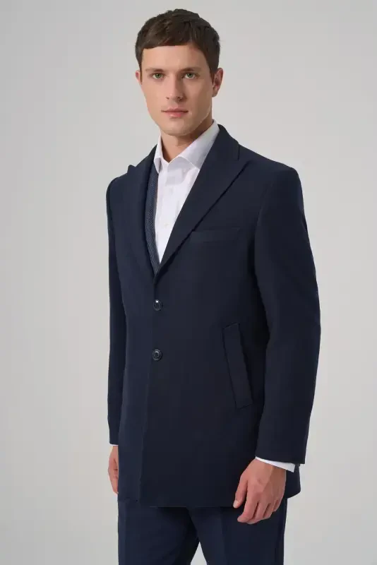 Modazone Men's Navy Blue Plain Pointed Collar Dynamic Fit Coat - MORVEN