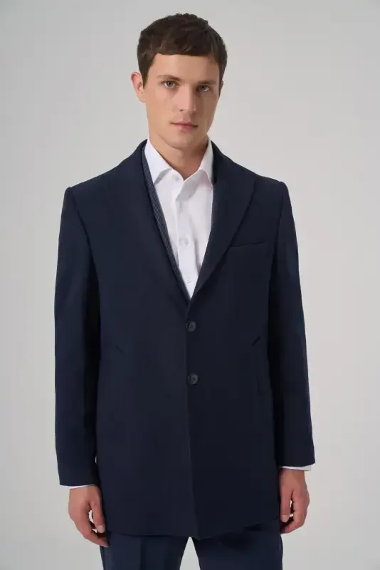 Modazone Men's Navy Blue Plain Pointed Collar Dynamic Fit Coat - 2