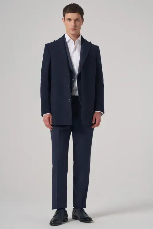 Modazone Men's Navy Blue Plain Pointed Collar Dynamic Fit Coat - 3