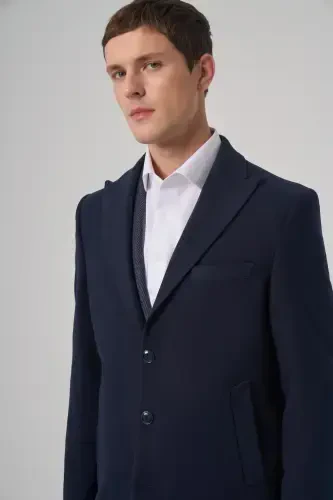 Modazone Men's Navy Blue Plain Pointed Collar Dynamic Fit Coat - 4