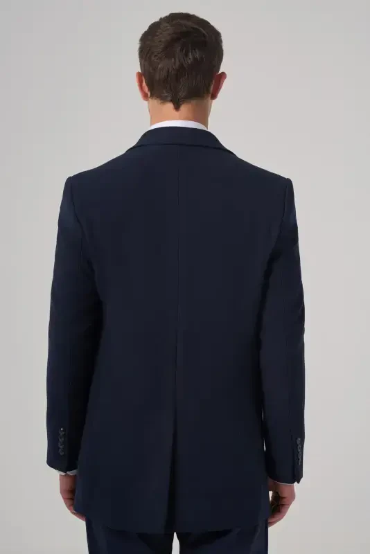 Modazone Men's Navy Blue Plain Pointed Collar Dynamic Fit Coat - 5