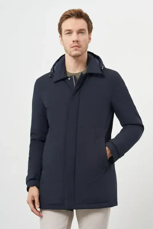 Modazone Men's Navy Blue Polyamide Snap Fastening Hooded Jacket - 1