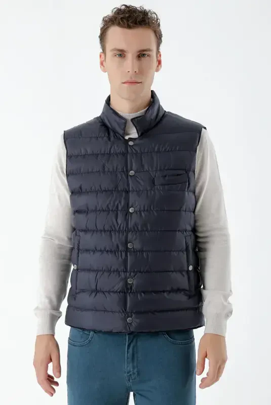 Modazone Men's Navy Blue Polyester Snap Fastener Quilted Vest - MORVEN