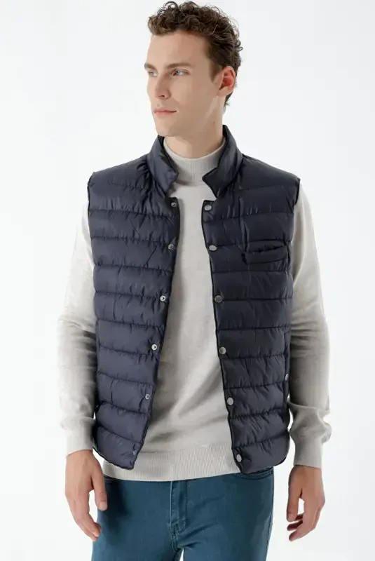 Modazone Men's Navy Blue Polyester Snap Fastener Quilted Vest - 2