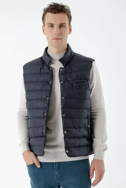 Modazone Men's Navy Blue Polyester Snap Fastener Quilted Vest - 3
