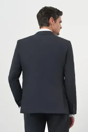 Modazone Men's Navy Blue Polyviscose Basic Jacquard Pattern Slim Fit Pointed Collar Suit - 5