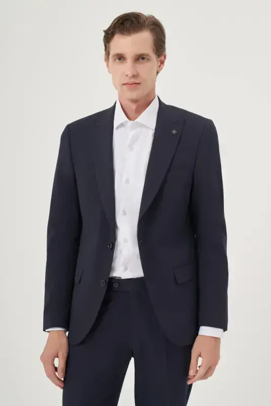 Modazone Men's Navy Blue Polyviscose Basic Plain Slim Fit Pointed Collar Suit - 1